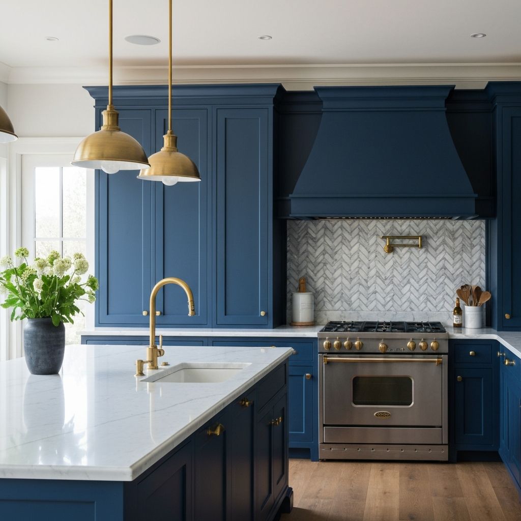 Navy blue kitchen with brass pendants