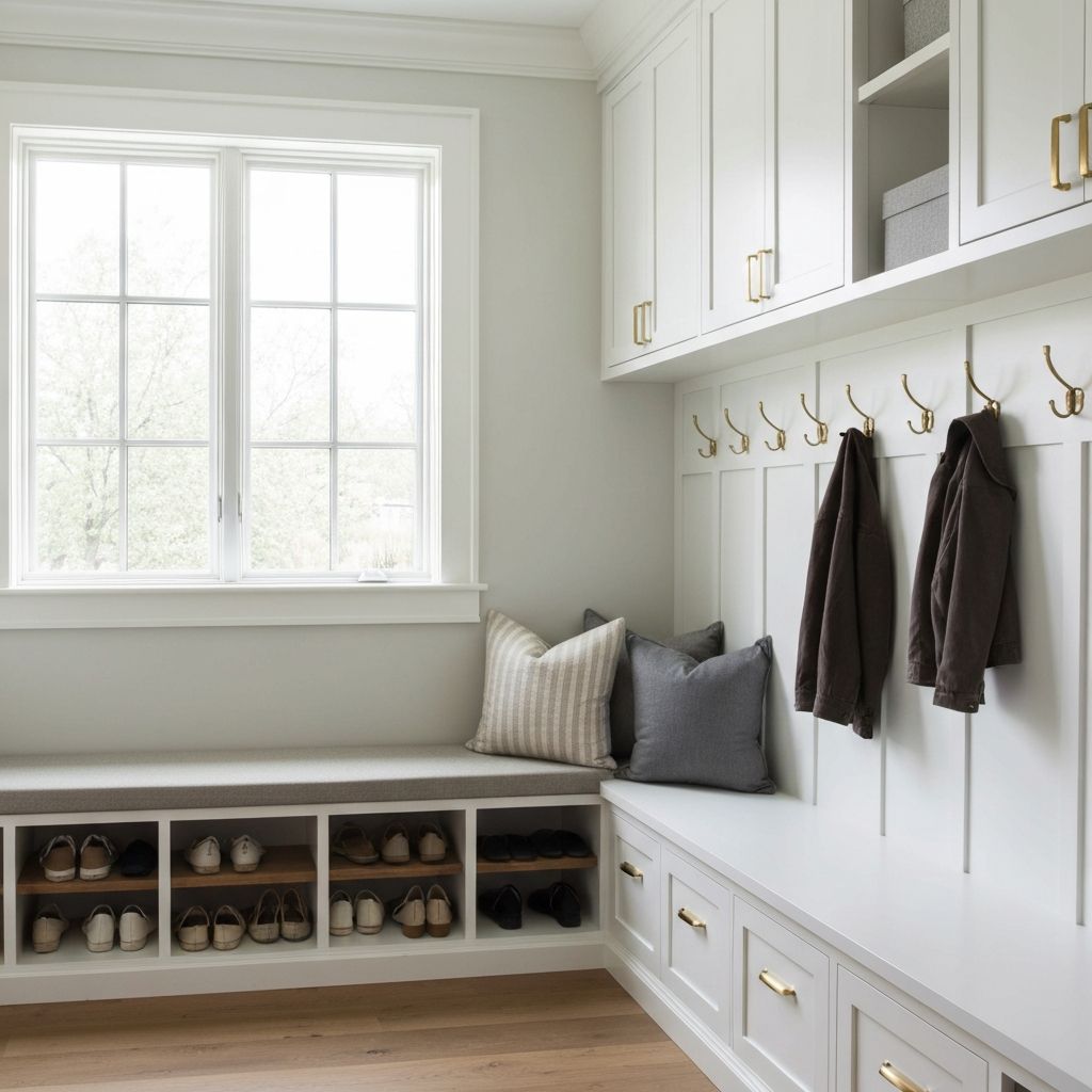 Custom mudroom and laundry with white cabinetry